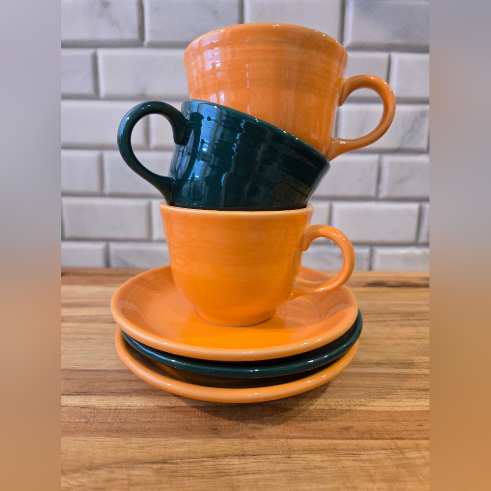 Fiestaware Tea Cup Saucer Set, Evergreen & Tangerine, Set Of 3, Green & Orange